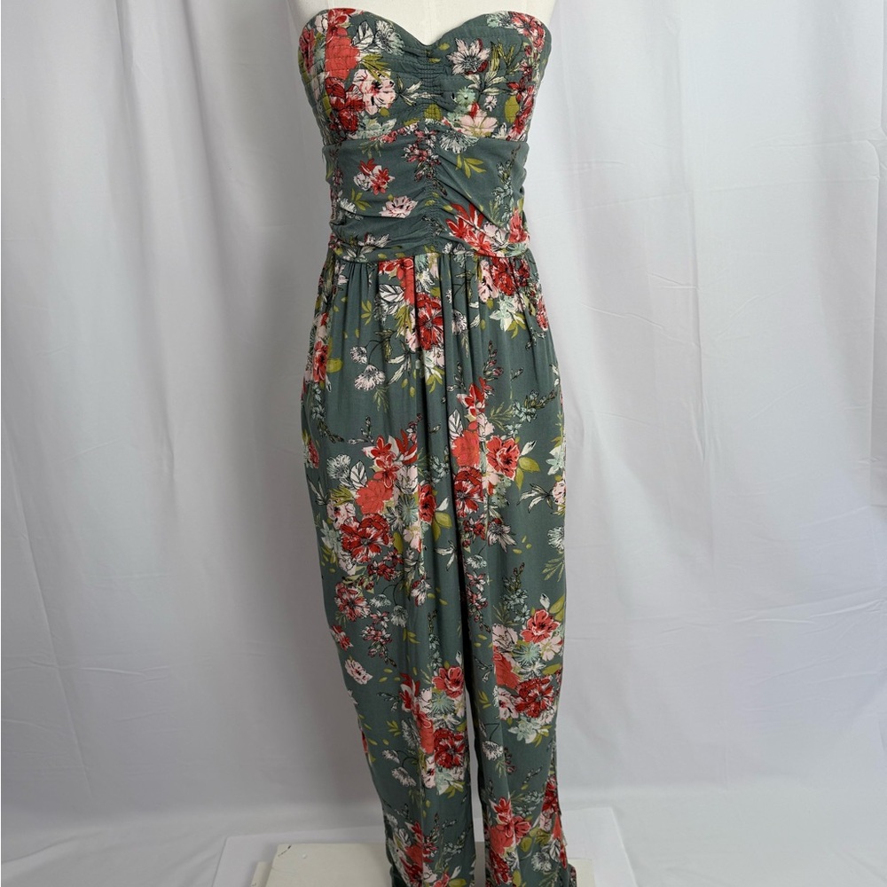 Band of Gypsies Green Floral Strapless
Wide Leg Jumpsuit Size L